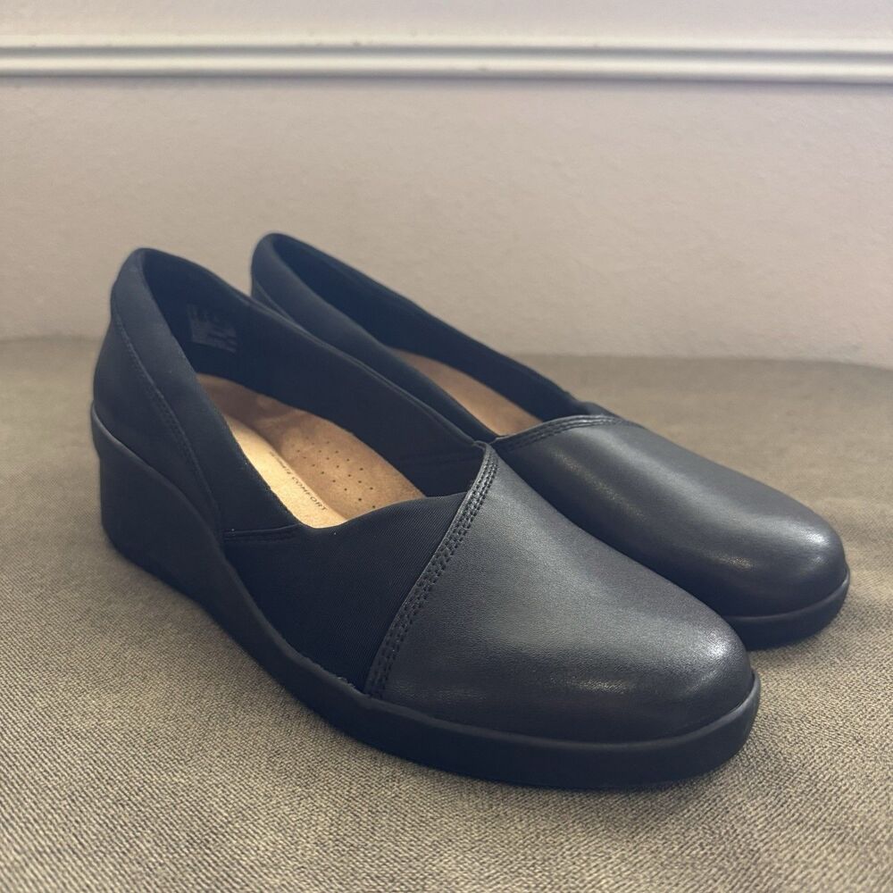 Clarks Collection Womens Suttyn Walk Wedge Loafer Shoes Size 8.5M Black Leather